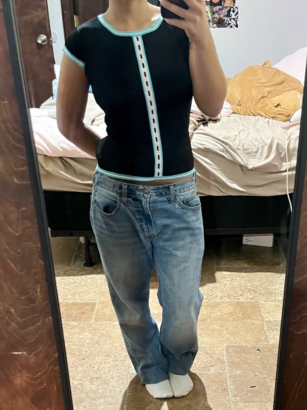 Sonia baby tee with light blue trim and vertical white buttons | Size small